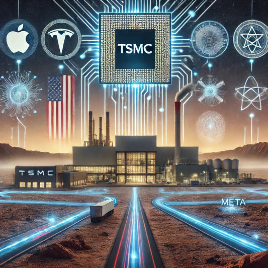 apple, tesla, tsmc, and meta projected above a fabrication